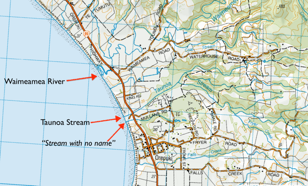 nztopo map of Orepuki (Gemstone Beach) area